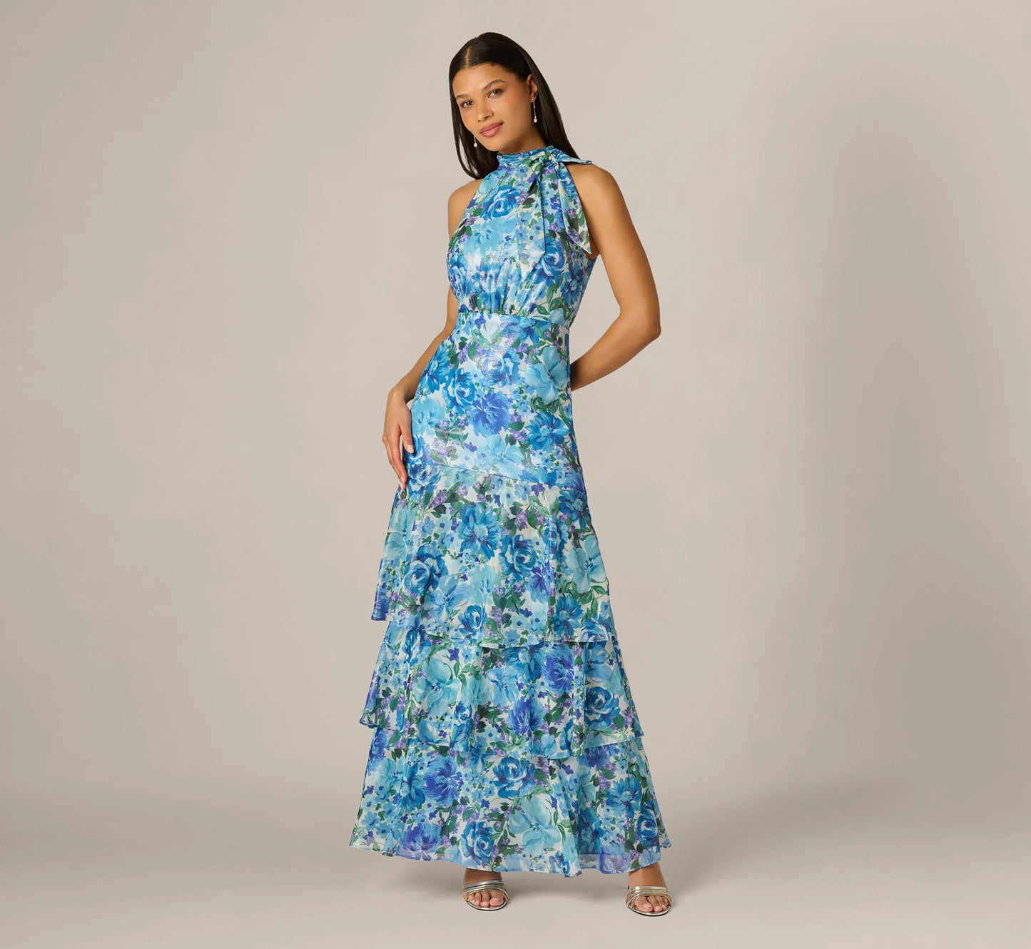 Tiered Metallic Floral Chiffon Halter Gown In Blue Multi