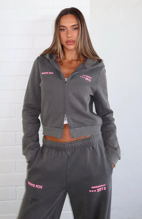 Down For Whatever Slim Zip Front Hoodie Charcoal Wash