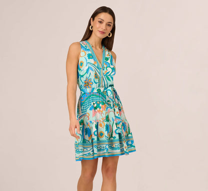 Sleeveless Retro Printed Short Sundress In Mint Multi
