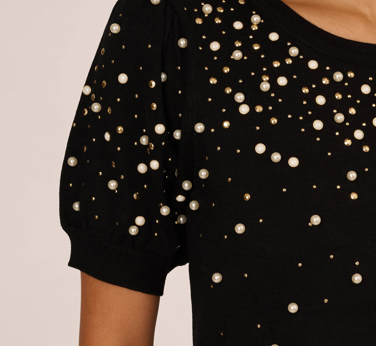 Puff Sleeve Pearly Embellished Sweater In Black