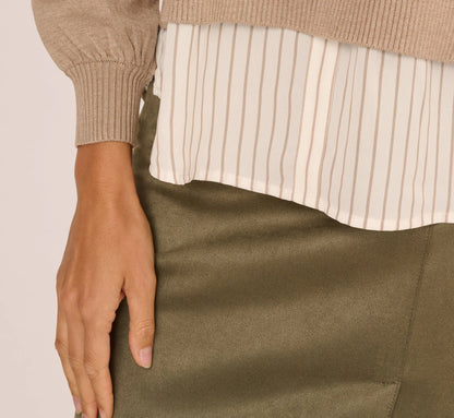 Long Sleeve Collared Printed Twover Sweater In H. Oatmeal W  Staple Stripe