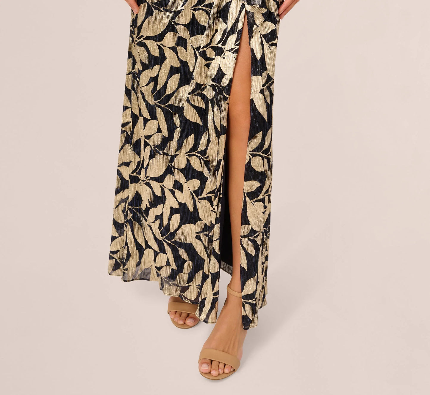 Foil Printed Asymmetric Gown With Ruffled Detail In Navy Gold