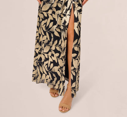 Foil Printed Asymmetric Gown With Ruffled Detail In Navy Gold