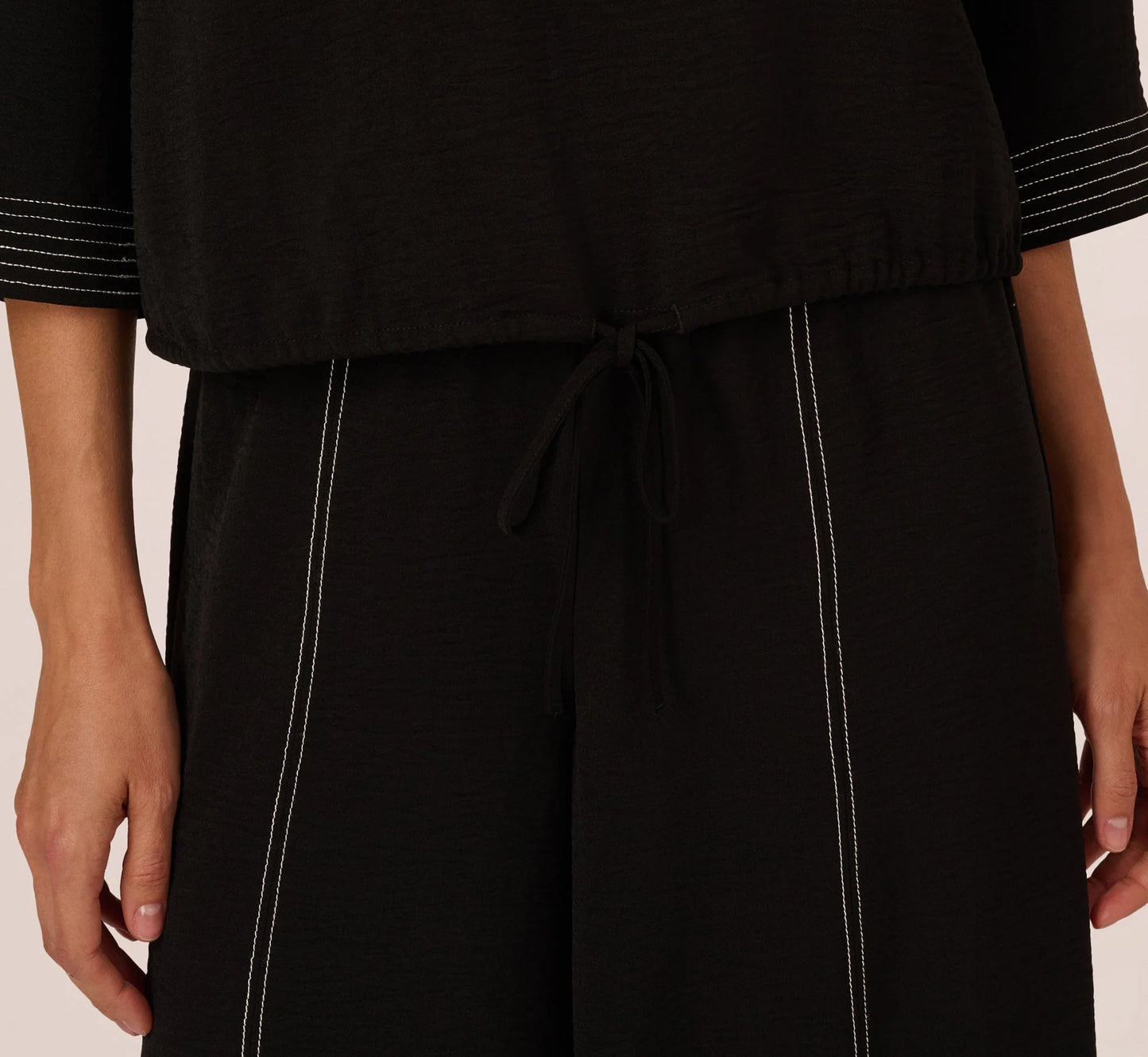 Three Quarter Sleeve Drop Shoulder Tie Waist Top In Black Ivory