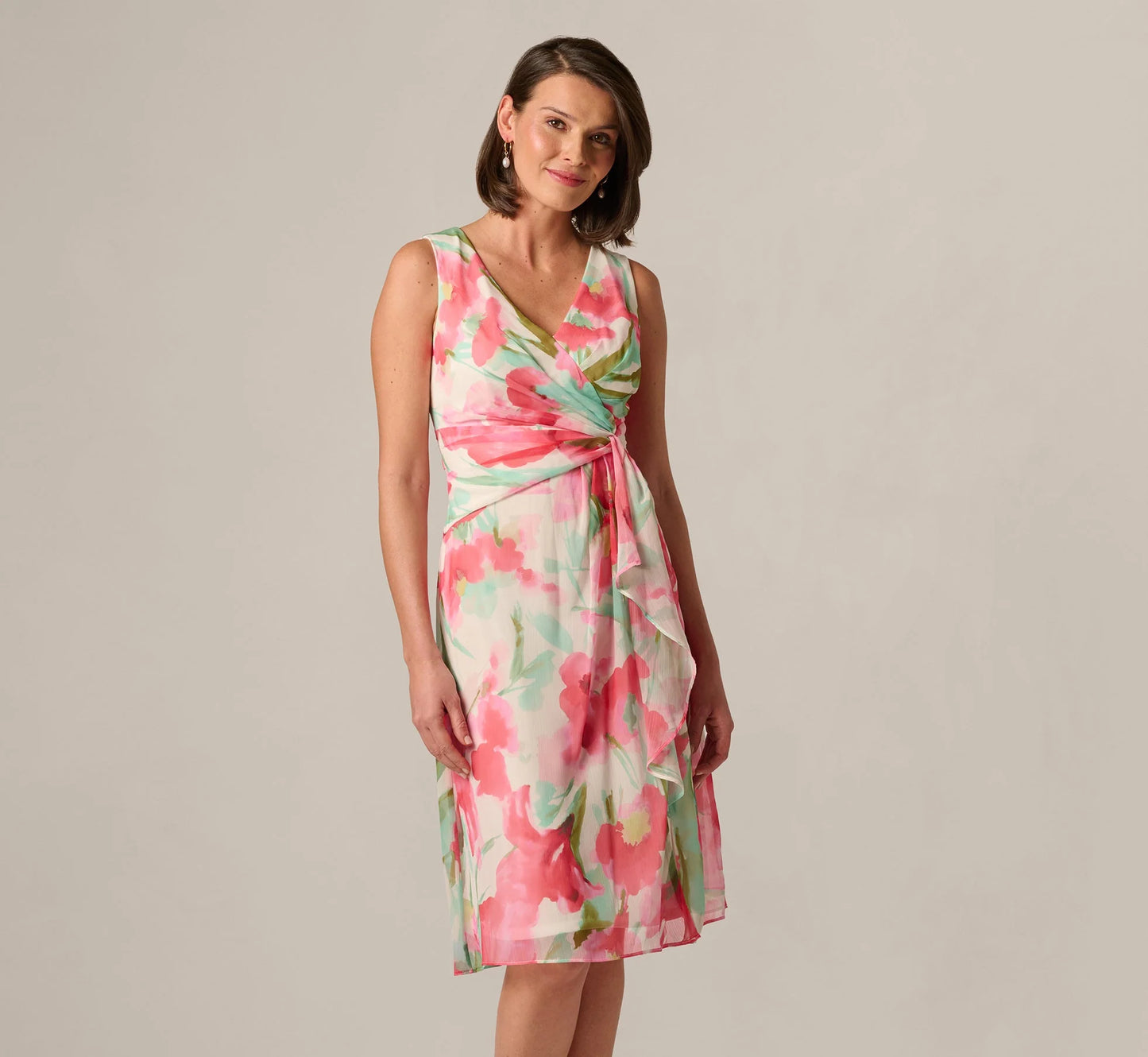 Sleeveless Draped Floral Chiffon Midi Sheath Dress In Coral Green Multi