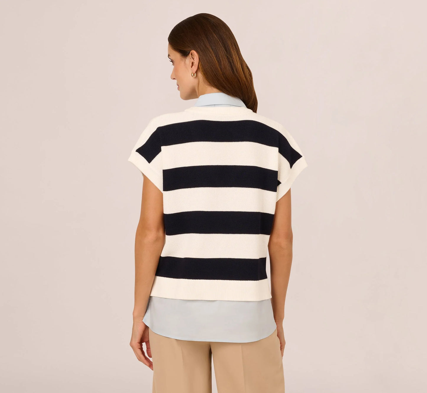Striped Sweater Vest Cap Sleeve Collared Twofer Shirt In Navy Ivory Stripe W  Chambray