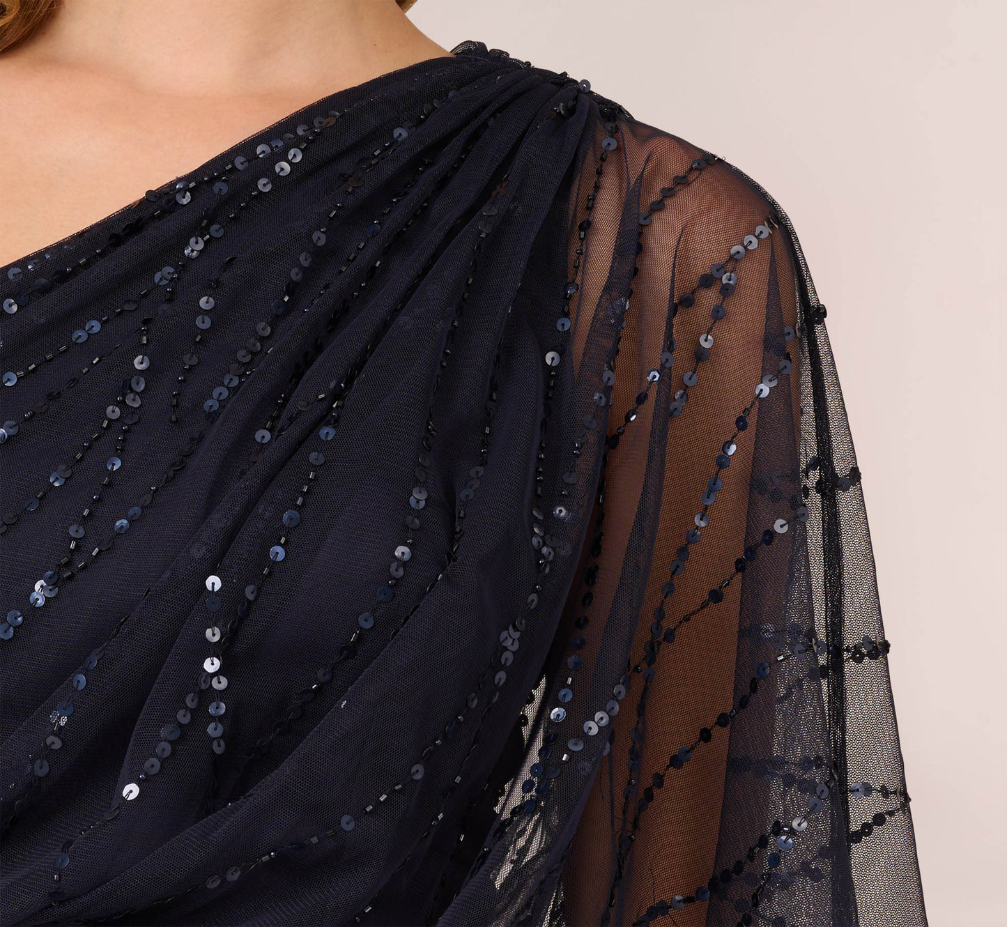 Draped One Shoulder Dress With Sequin Detail In Dusty Navy