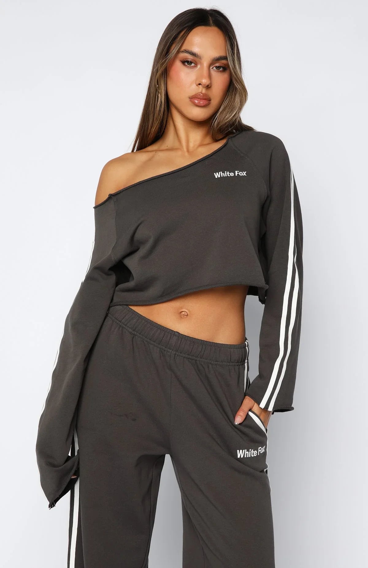 Star Student Cropped Off Shoulder Sweater Charcoal