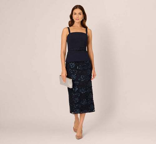 Sleeveless Sequin Lace Combo Midi Dress In Midnight