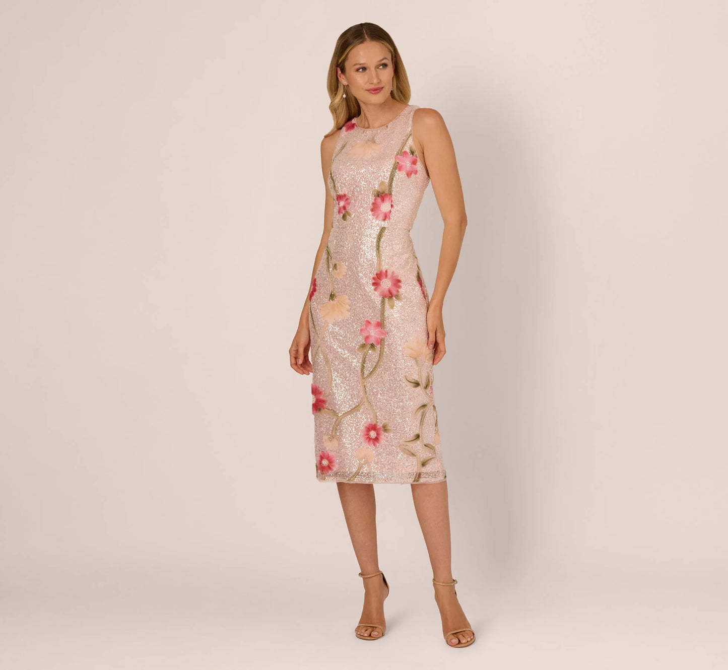 Sequin Floral Midi Sheath Dress In Silver Blush Multi