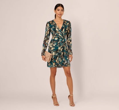Crinkle Foil Wrap Dress In Teal Sapphire Gold