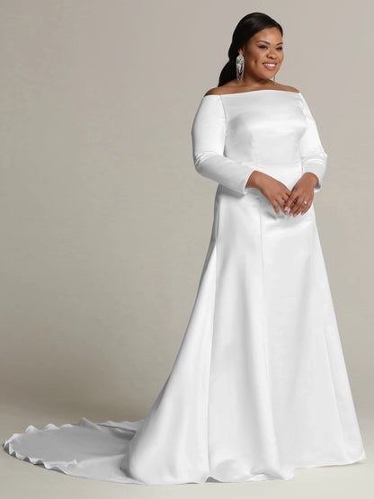 SATIN FIT AND FLARE WEDDING DRESS WITH LONG SLEEVES