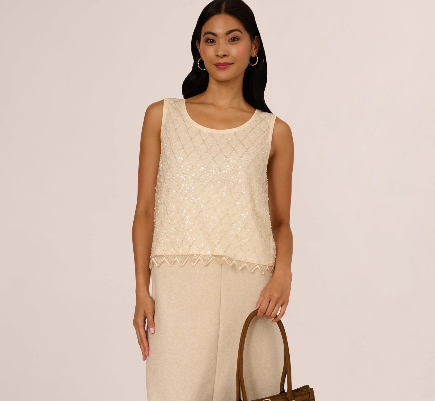 Sequin Beaded Tank Top In Almond Cream