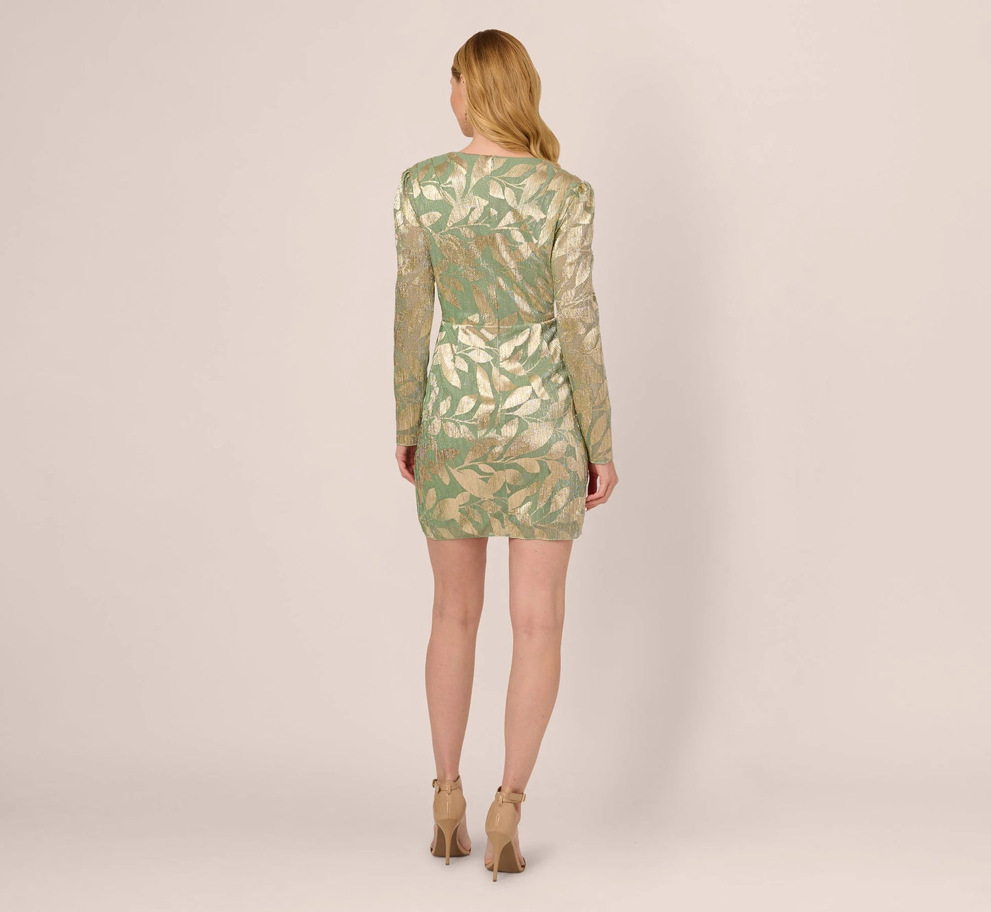 Long Sleeve Foil Short Wrap Dress In Sage Gold