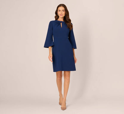 Bell Sleeve Stretch Crepe Keyhole Sheath Dress In Navy Sateen