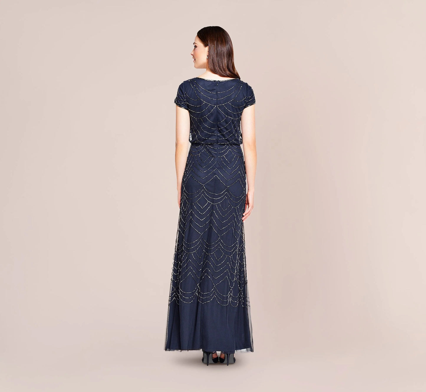 Short Sleeve Beaded Blouson Gown In Navy