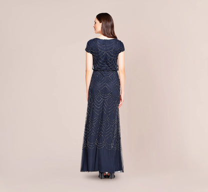Short Sleeve Beaded Blouson Gown In Navy