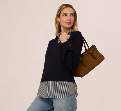Long Sleeve Collared Printed Twover Sweater In Navy W  Navy Small Stripe