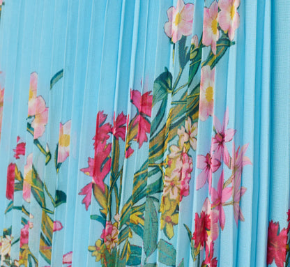 Pleated Wildflower Border Midi Dress In Light Blue Multi