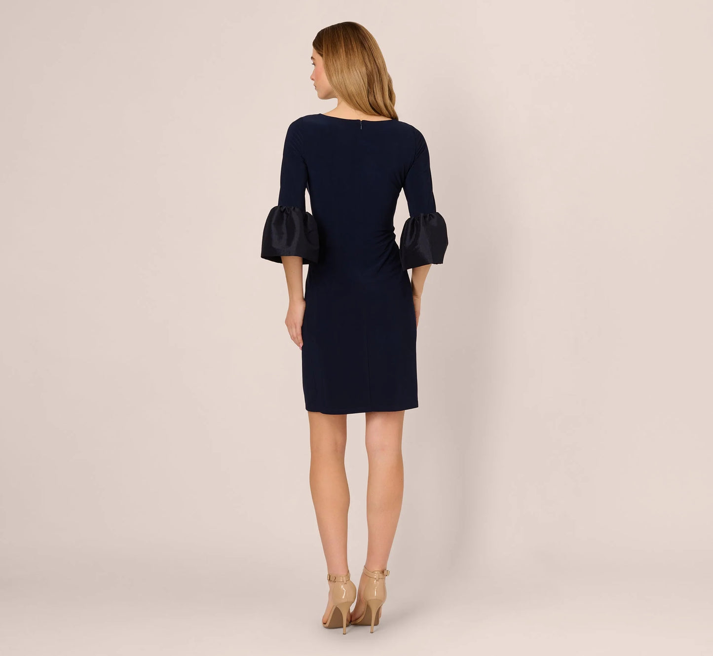 Draped Jersey Short Sheath Dress With Bell Cuffs In Midnight