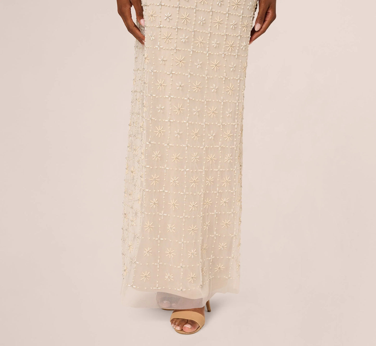 Off Shoulder Pearly Beaded Column Gown In Ivory Nude