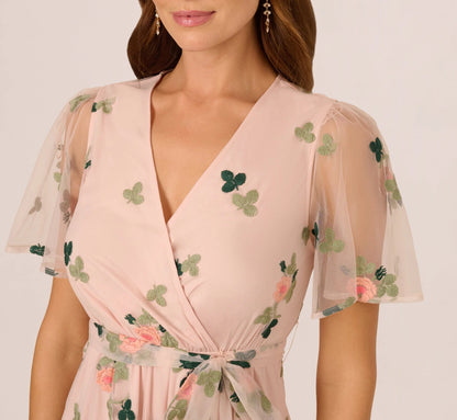 Floral Embroidered Maxi Dress With Sheer Flutter Sleeves In Blush Multi
