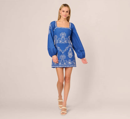 Long Sleeve Embroidered Cotton Mini Dress In Blue White