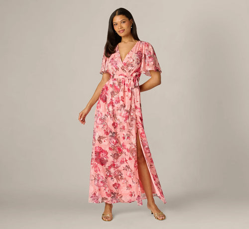 Flutter Sleeve Floral Print Embroidered Wrap Maxi Dress In Blush Multi