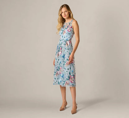 Sequin Beaded Floral Embroidery Illusion Midi Dress In Blue Multi