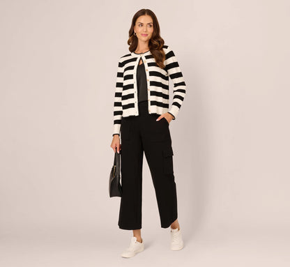 Textured Knit Blanket Stitch Cardigan Sweater In Ivory Black