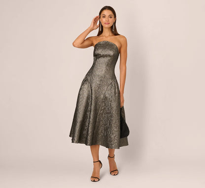 Strapless Drop Waist Metallic Midi Dress In Gunmetal