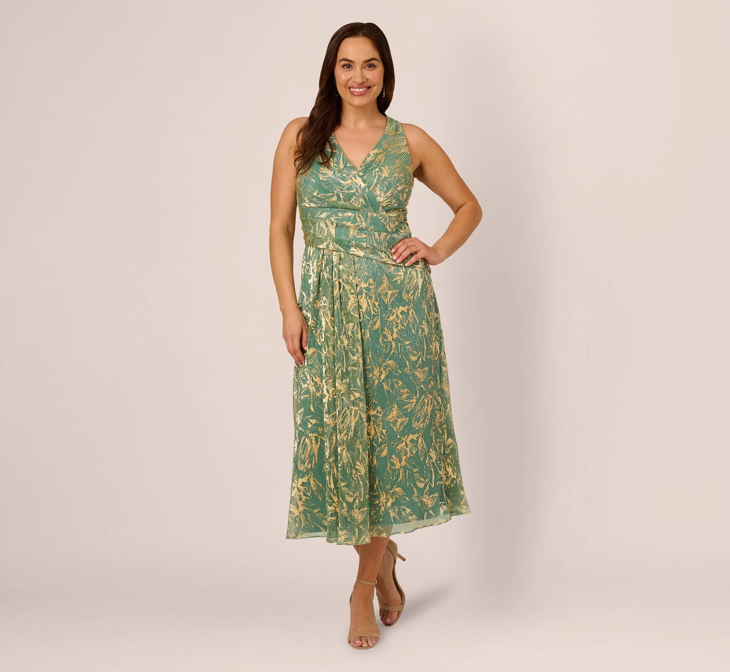 Plus Size Sleeveless Metallic Crinkle Midi Dress In Sage Gold