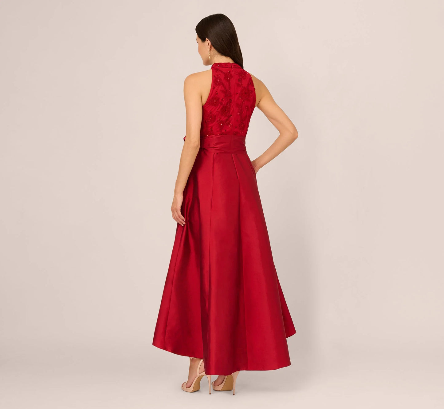 Sleeveless Beaded Taffeta High Low Combo Gown In Red