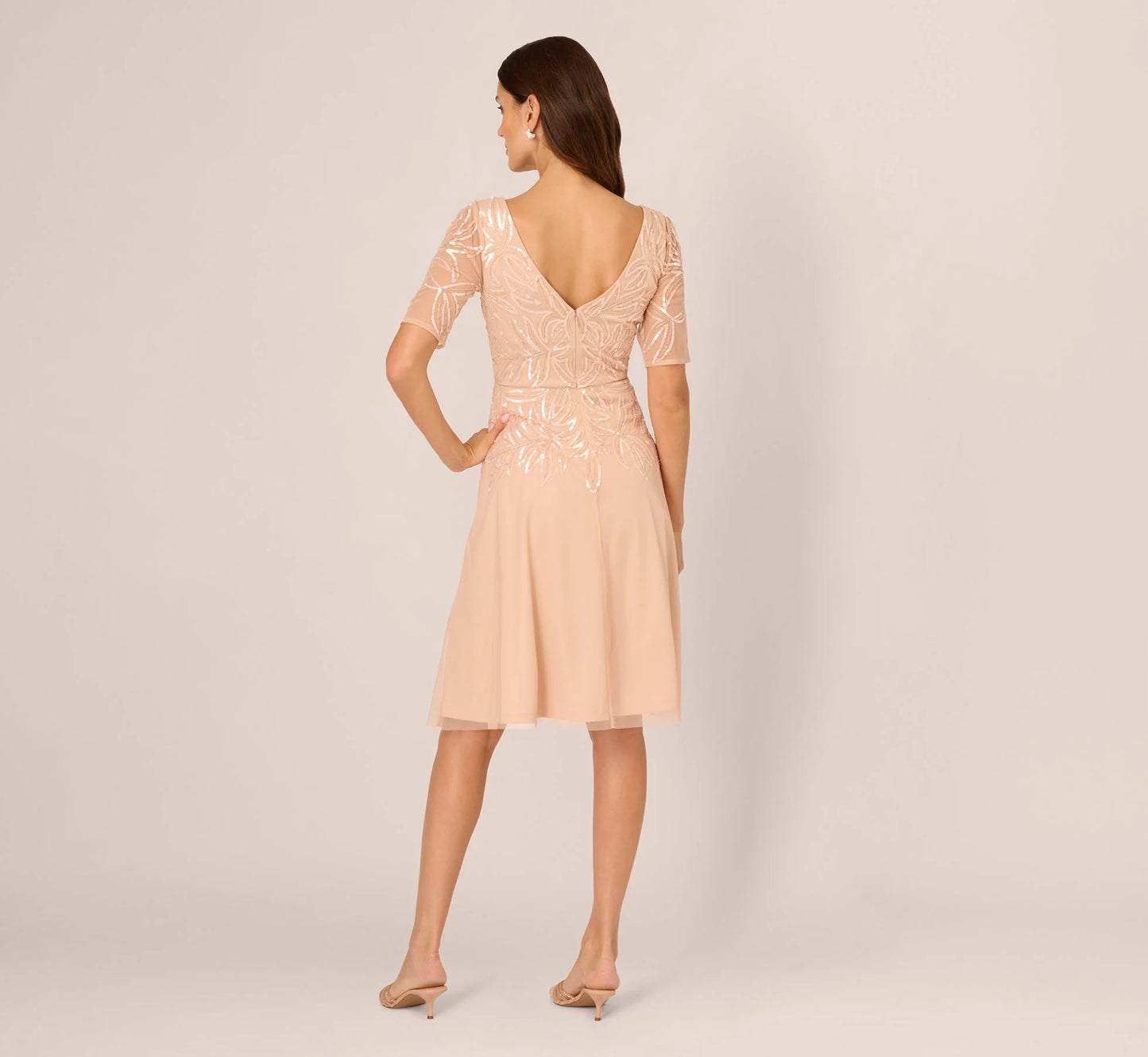 Short Sleeve Sequin Bead Midi Dress In Blush