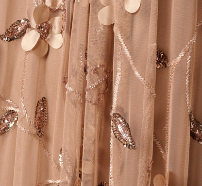 3D Floral Sequin Bead Trapeze Gown In Cafe Mocha