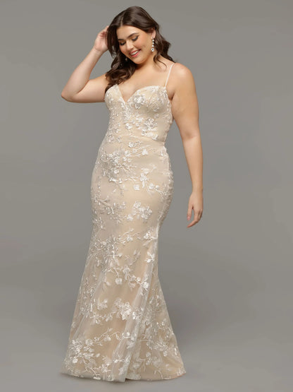 V NECK TULLE FIT AND FLARE WEDDING DRESS WITH LACE