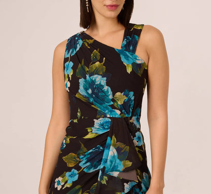 Asymmetrical Draped Floral Chiffon Gown In Black Multi