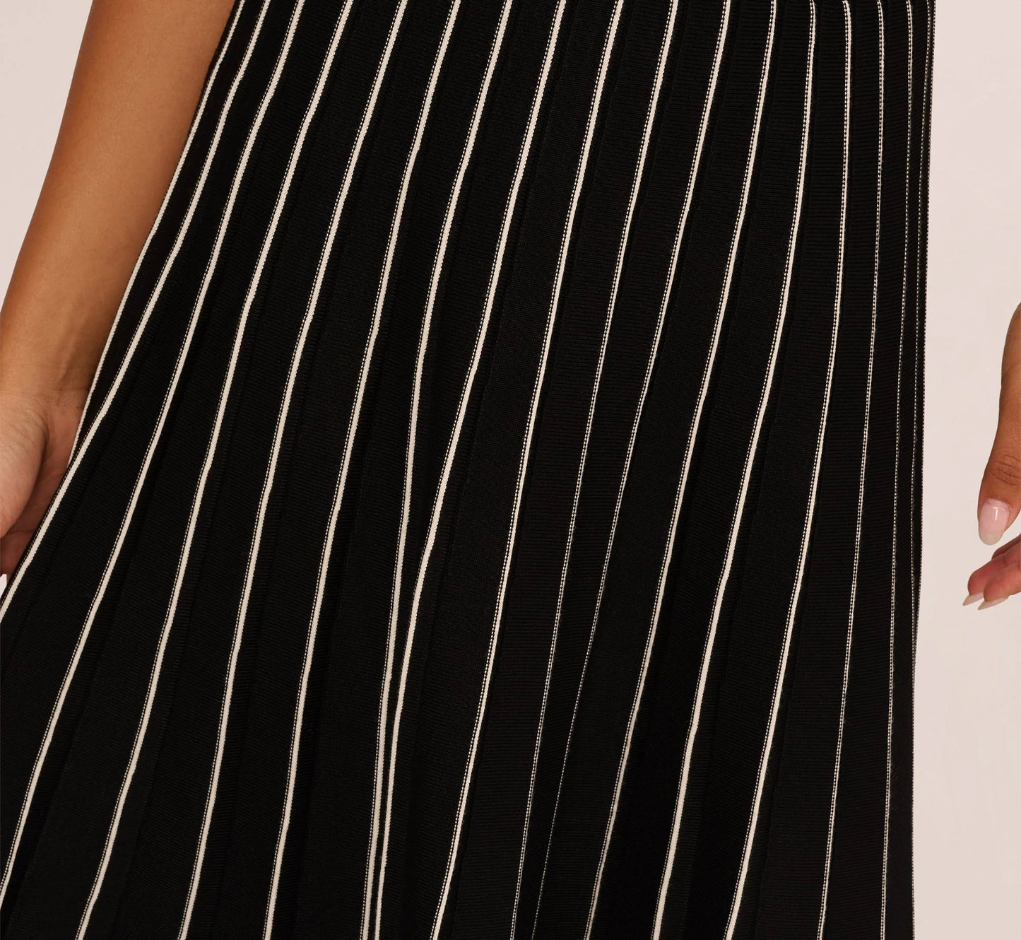 Pleated Pinstriped Knit Midi Skirt In Black Cream