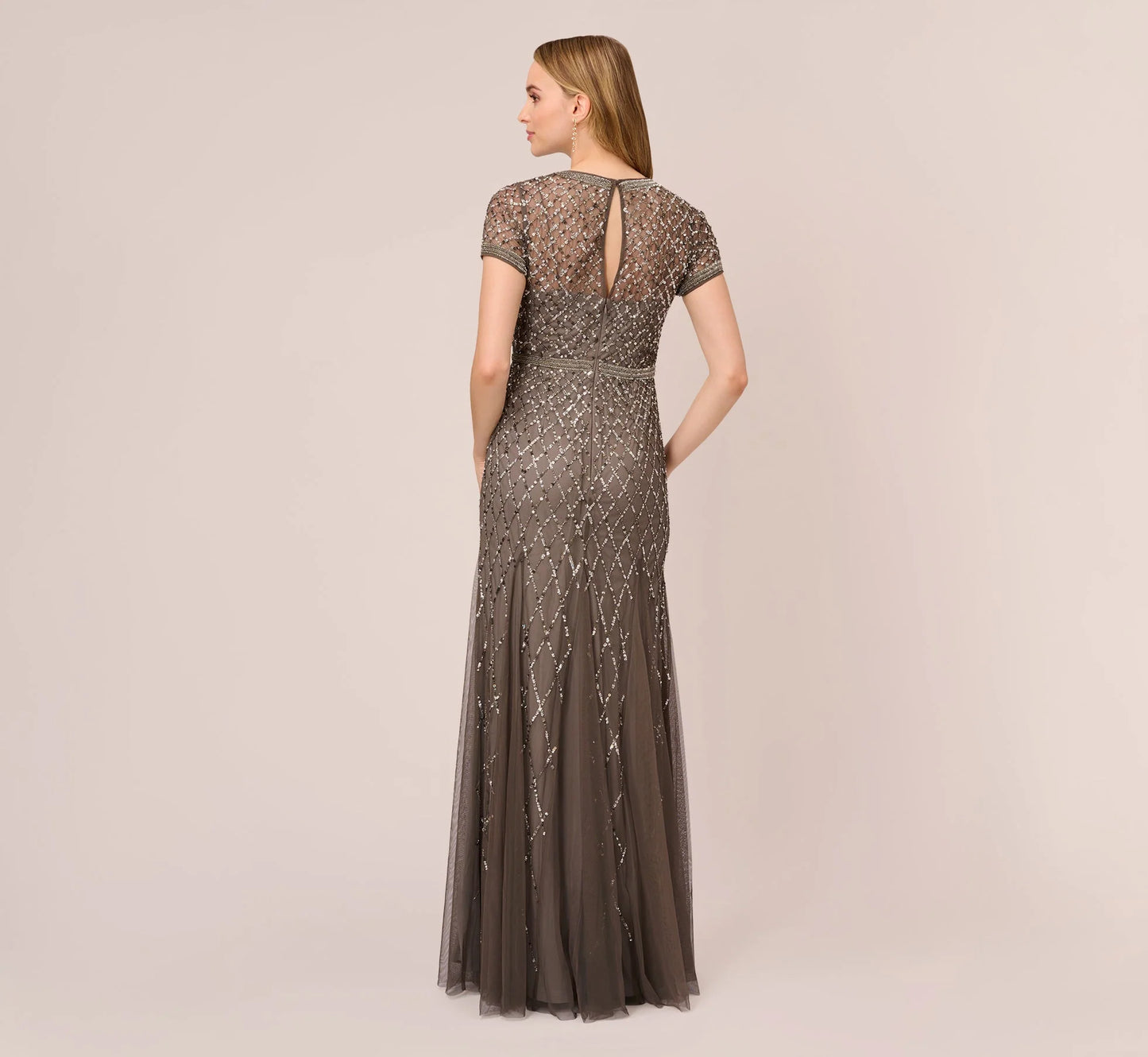 Cap Sleeve Beaded Gown In Lead