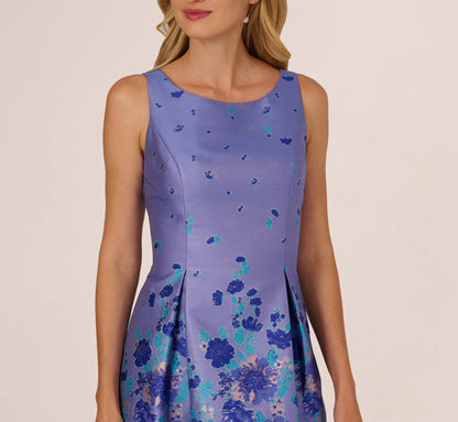 Sleeveless Floral Jacquard Fit And Flare Dress In Blue Multi