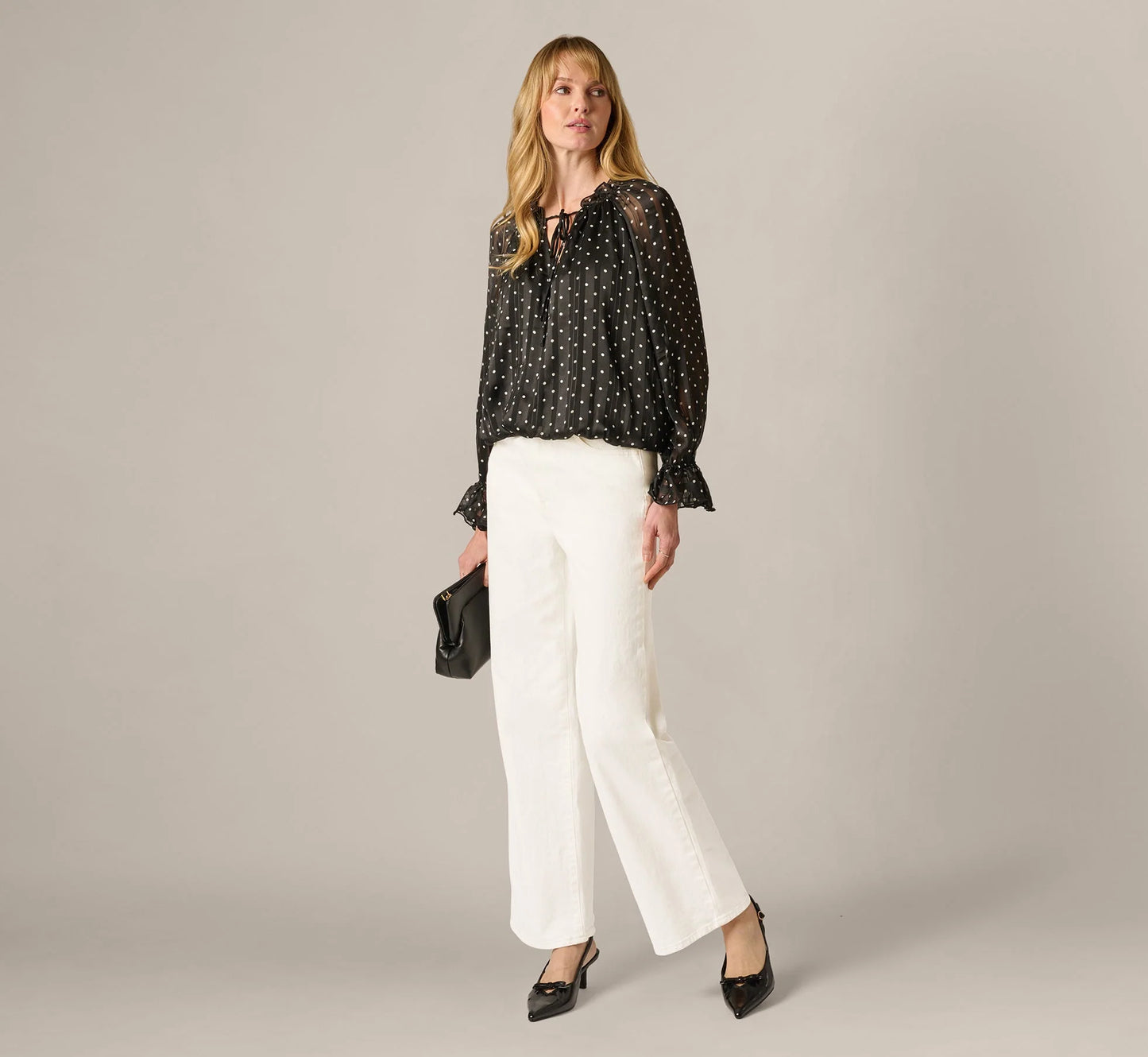 Long Sleeve Chiffon Ruffle Blouse In Black Cream Dot