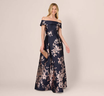 Off Shoulder Metallic Floral Jacquard Gown In Navy Blush