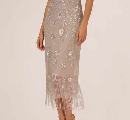 Flutter Sleeve Floral Beaded Fringe Midi Dress In Marble