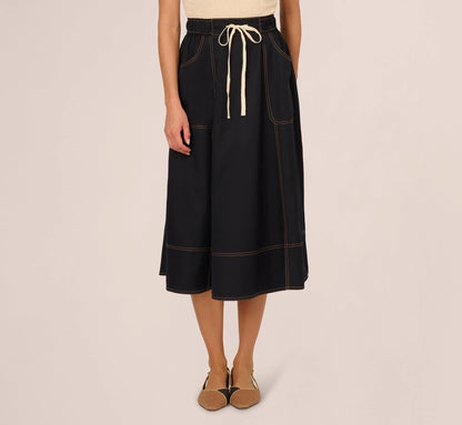 Contrast Stitching Drawstring Midi Skirt In Navy Khaki