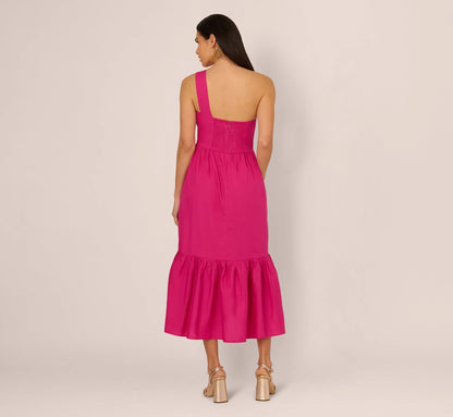 One Shoulder Floral Applique Cotton Midi Dress In Pink