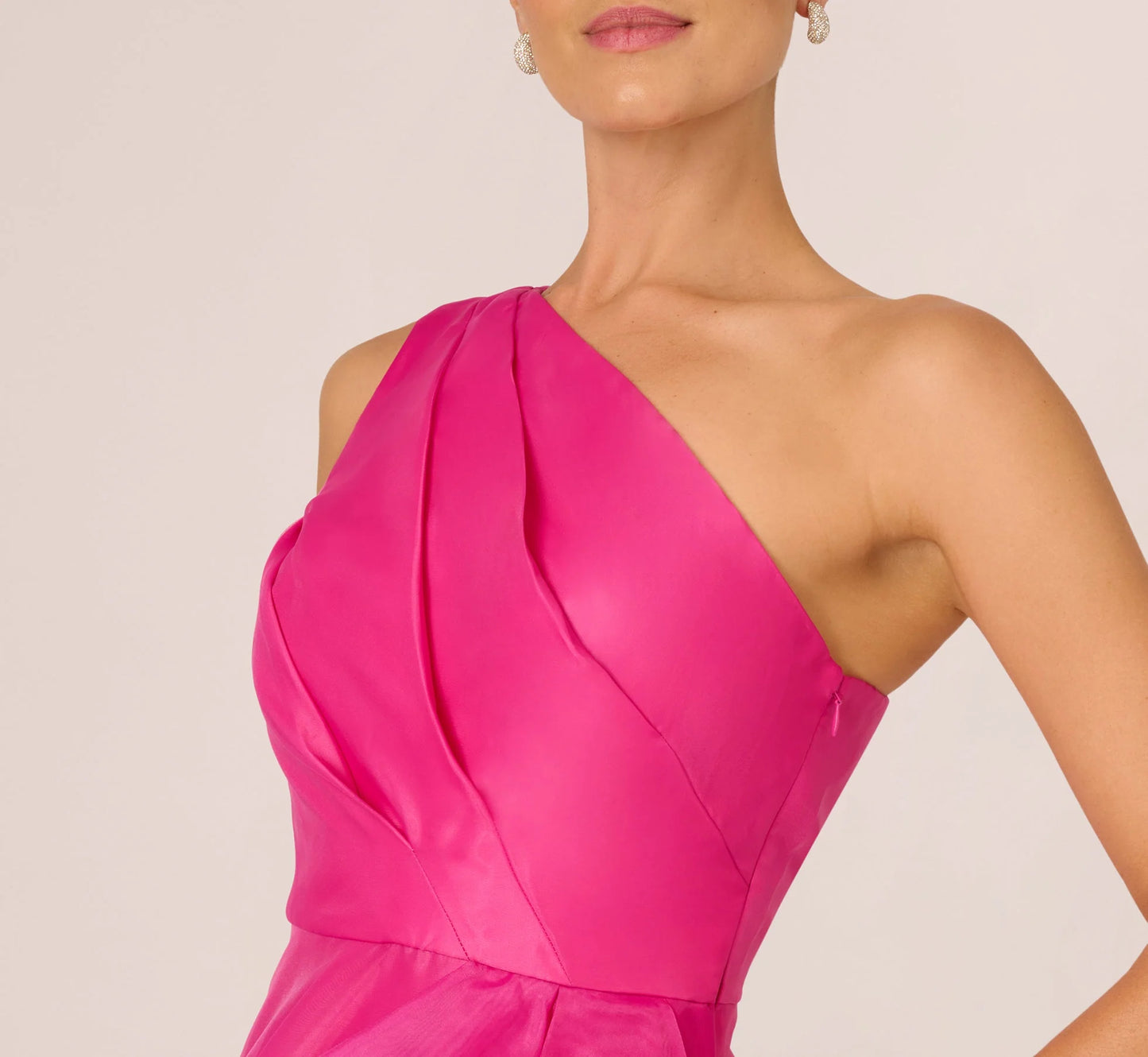 One Shoulder Tulle Cascade Gown In Lipstick