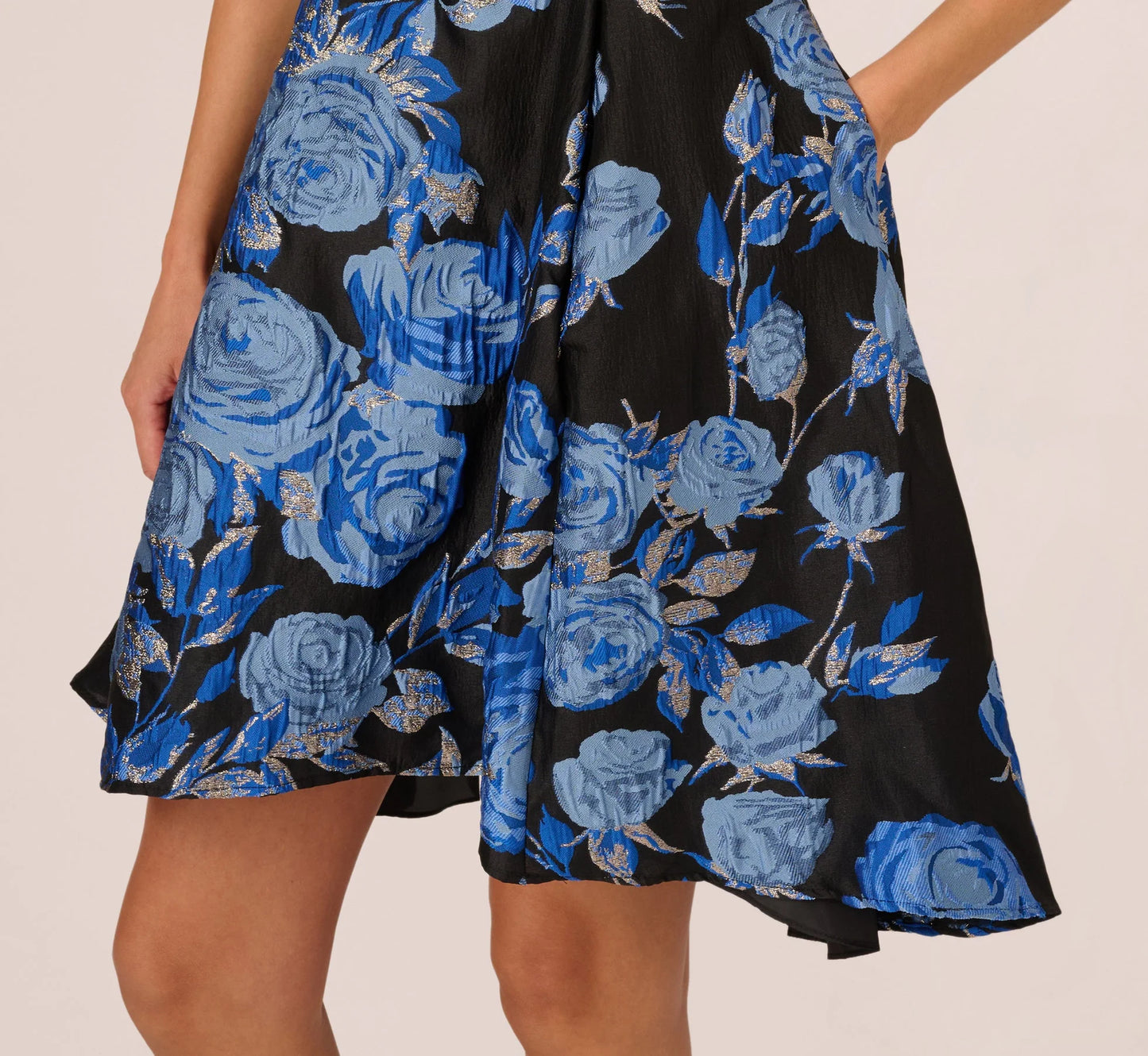 Floral Jacquard Short Fit And Flare Dress In Blue Black Multi