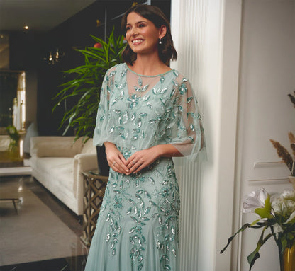 Floral Beaded Godet Cape Gown In Aqua Dust