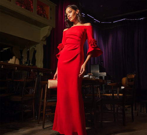 Off Shoulder Bell Sleeve Rosette Gown In Super Red