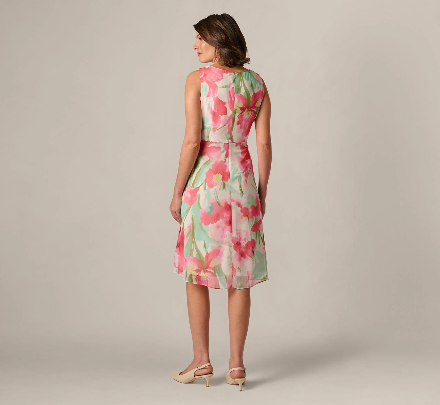 Sleeveless Draped Floral Chiffon Midi Sheath Dress In Coral Green Multi